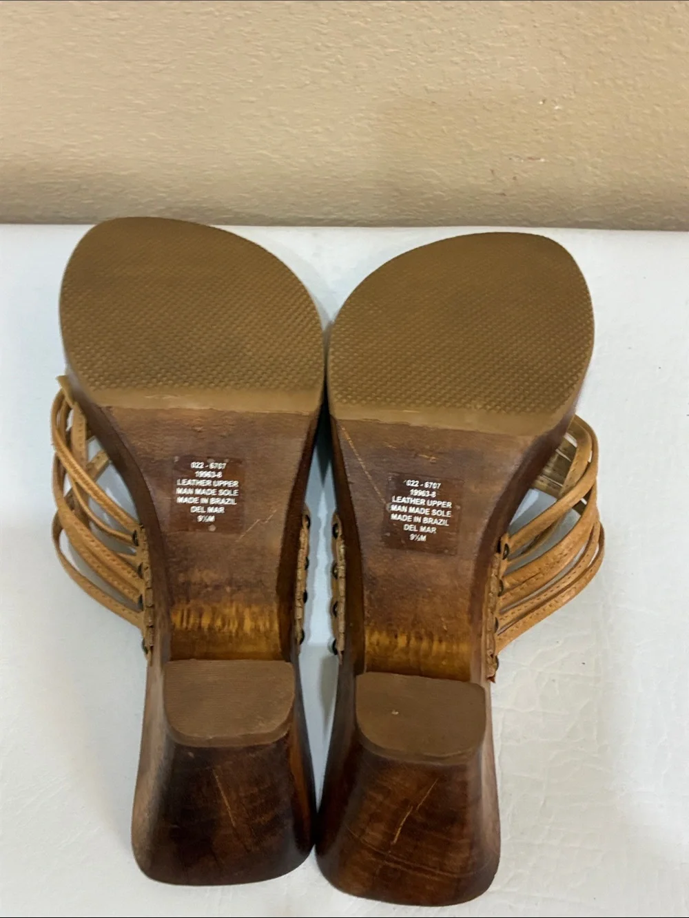 Arizona Jean Company Tan Woven Leather Wedge Sandals with Wooden-Look Heel
